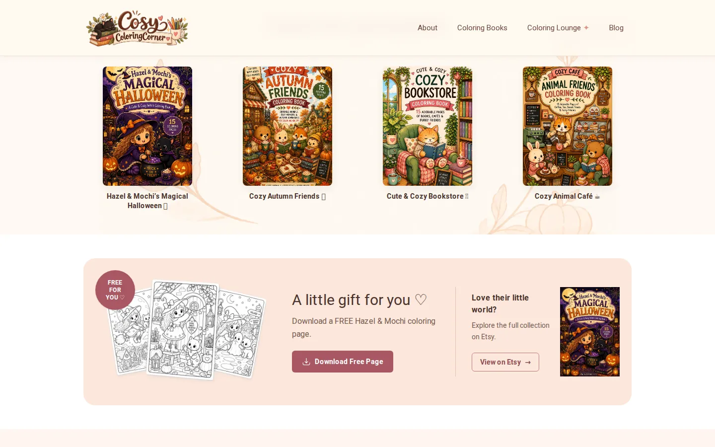 Coloring Books catalog grid showing four titles, plus a free-page email capture module and a link out to the Etsy storefront.