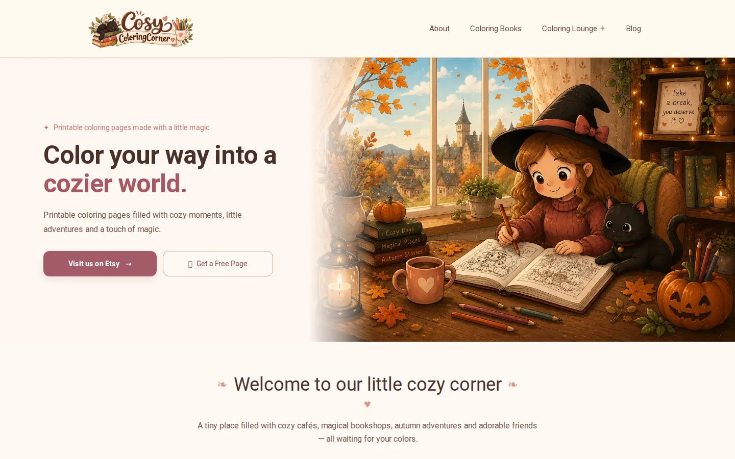 Cosy Coloring Corner homepage hero with the tagline 'Color your way into a cozier world' next to original illustrated artwork of the brand's witch character and her cat.