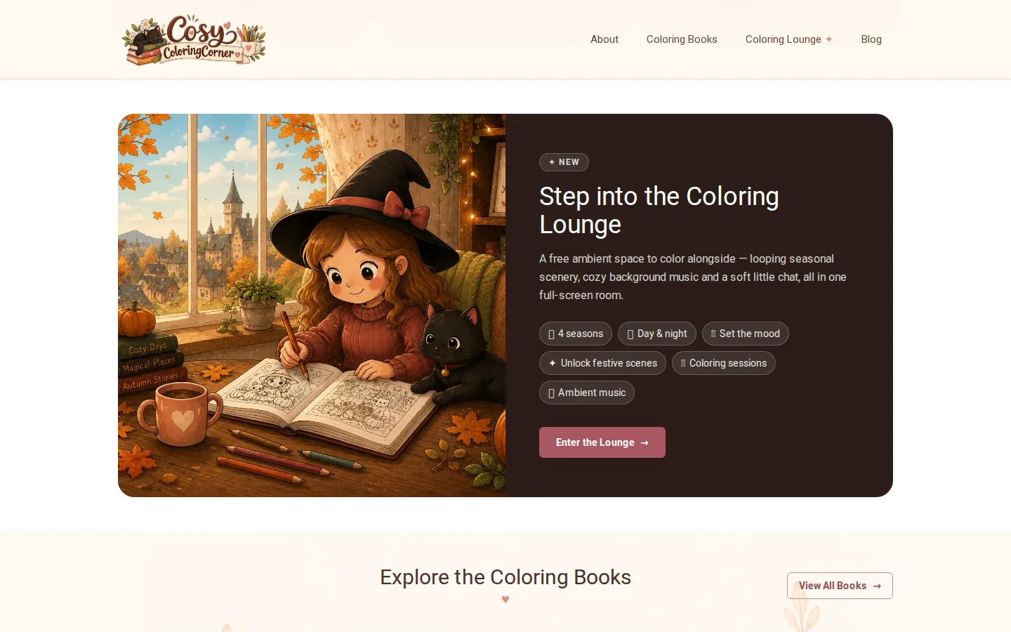 Coloring Lounge promo card describing a full-screen ambient coloring room with seasonal scenes, day and night modes, ambient music, and unlockable festive scenes.