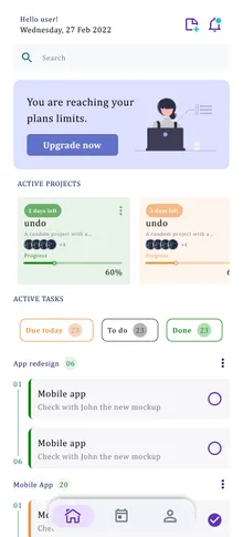 Early Figma mockup of theundo's dashboard, showing active projects and tasks.