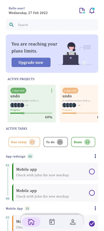 Early Figma concept for theundo's dashboard and task list.