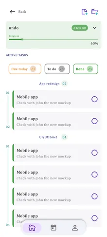 Early Figma mockup of a project detail screen with grouped tasks.