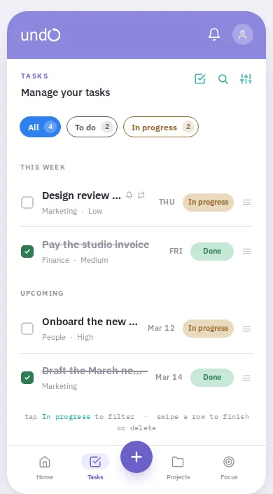 Production screenshot of the theundo task list screen, showing task cards with status pills and swipe actions.