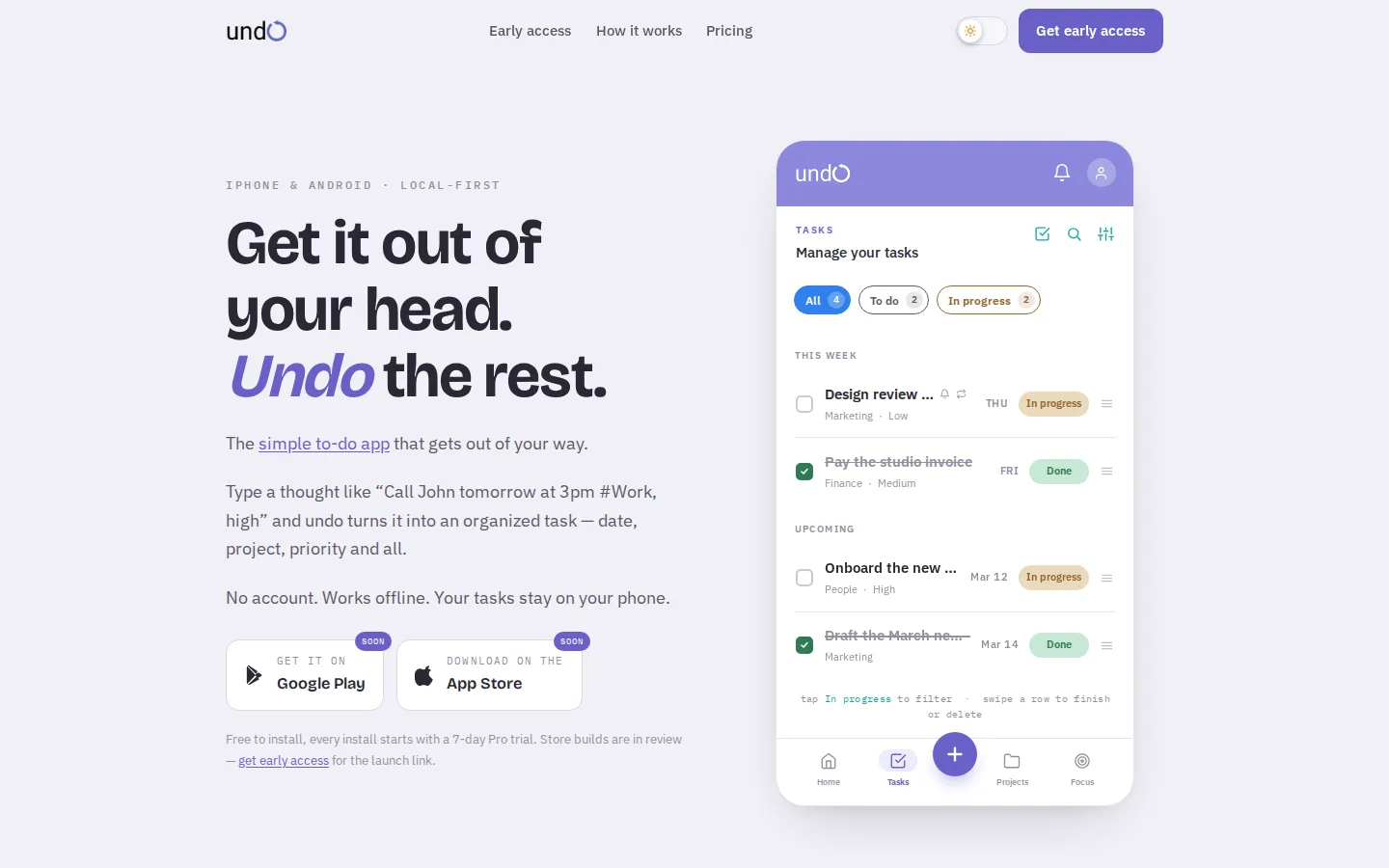 theundo marketing site showing the tagline 'Get it out of your head. Undo the rest.' next to a screenshot of the mobile task list.