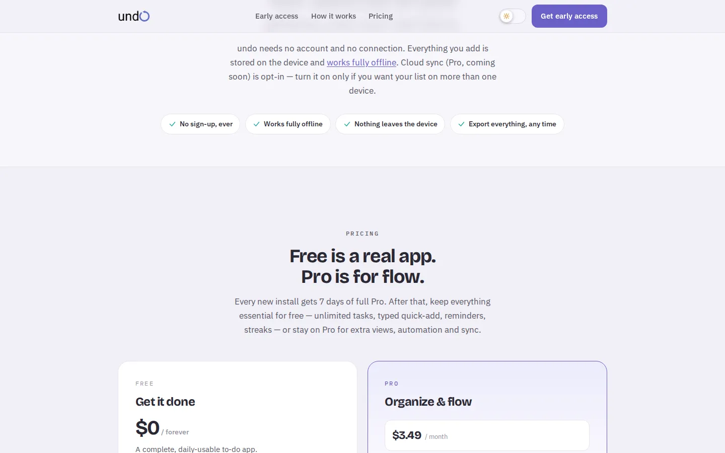 theundo pricing section comparing the Free and Pro tiers, alongside a row of local-first guarantees: no sign-up, works fully offline, nothing leaves the device, export any time.